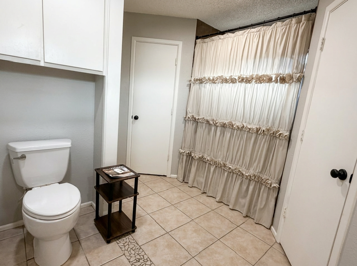 Full bathroom with tub, shower curtain and tile floor