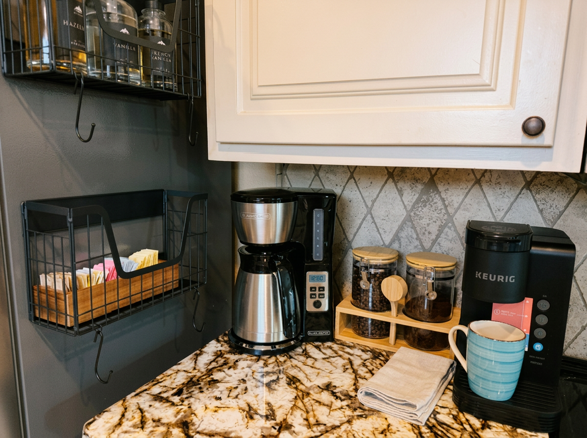 Coffee bar with drip coffee maker and Keurig