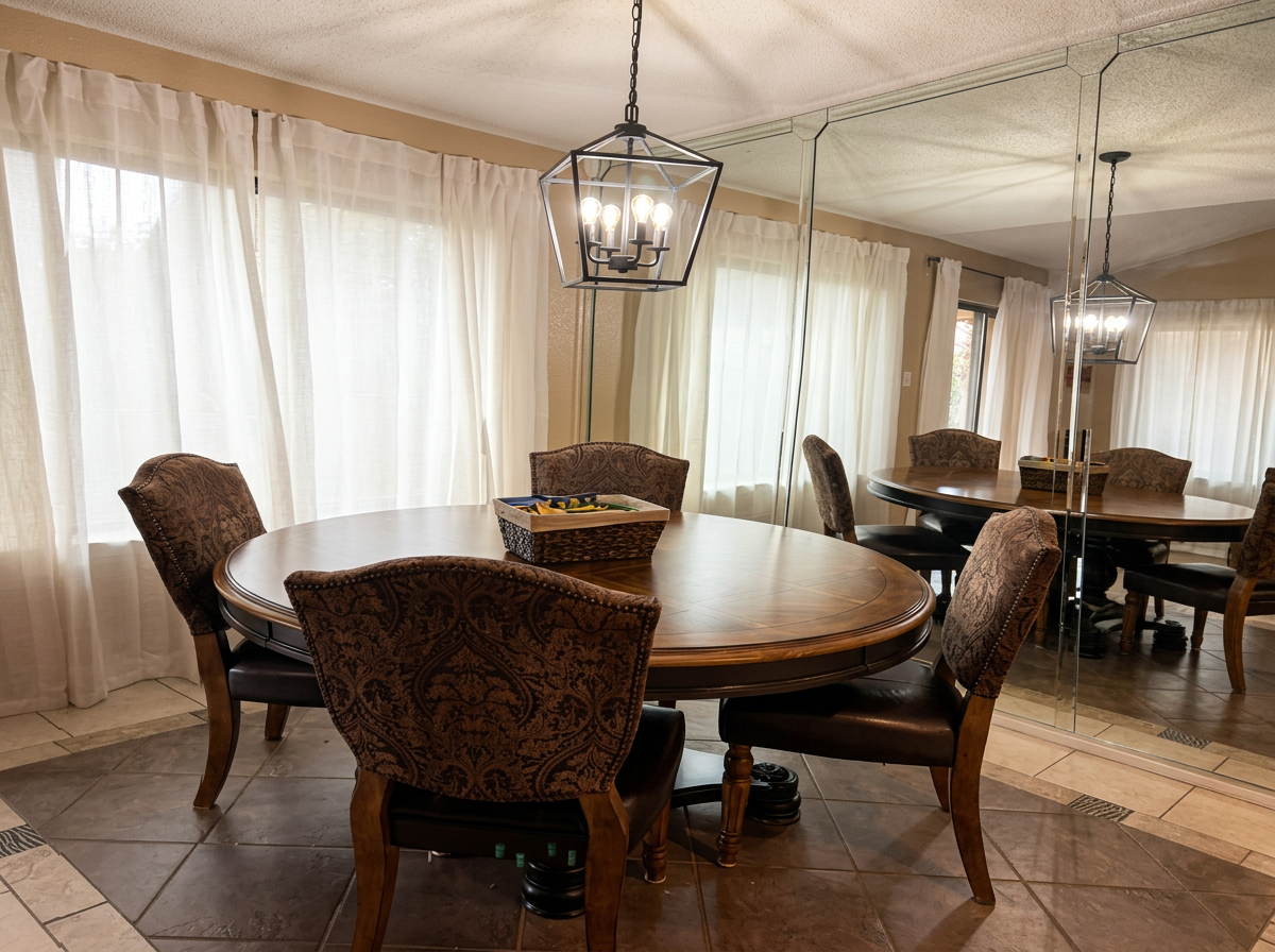 Dining room with round table, chandelier and mirrored wall
