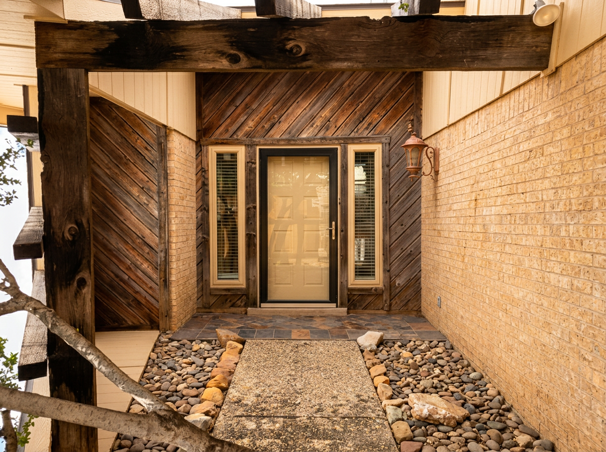 Private entry courtyard with pergola and front door