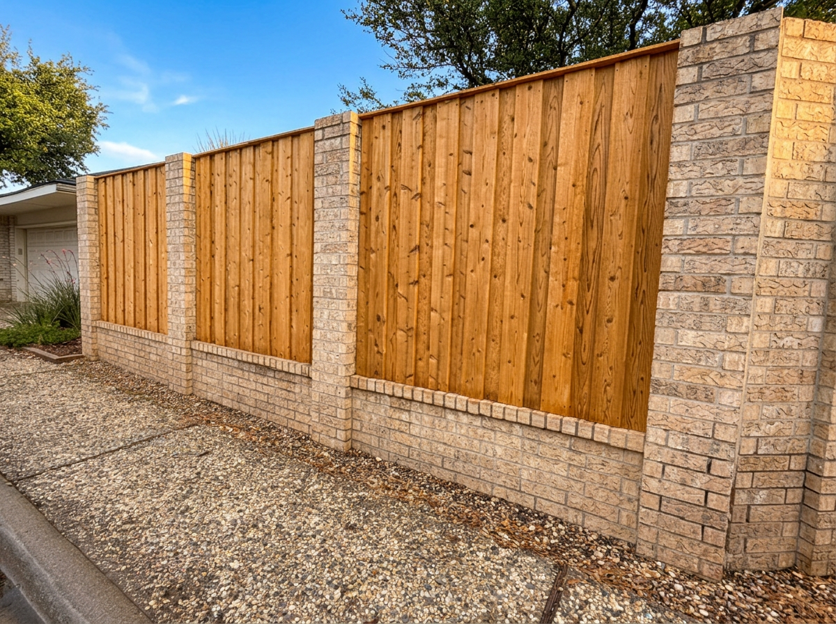 Brick and cedar fence line at the side of the property