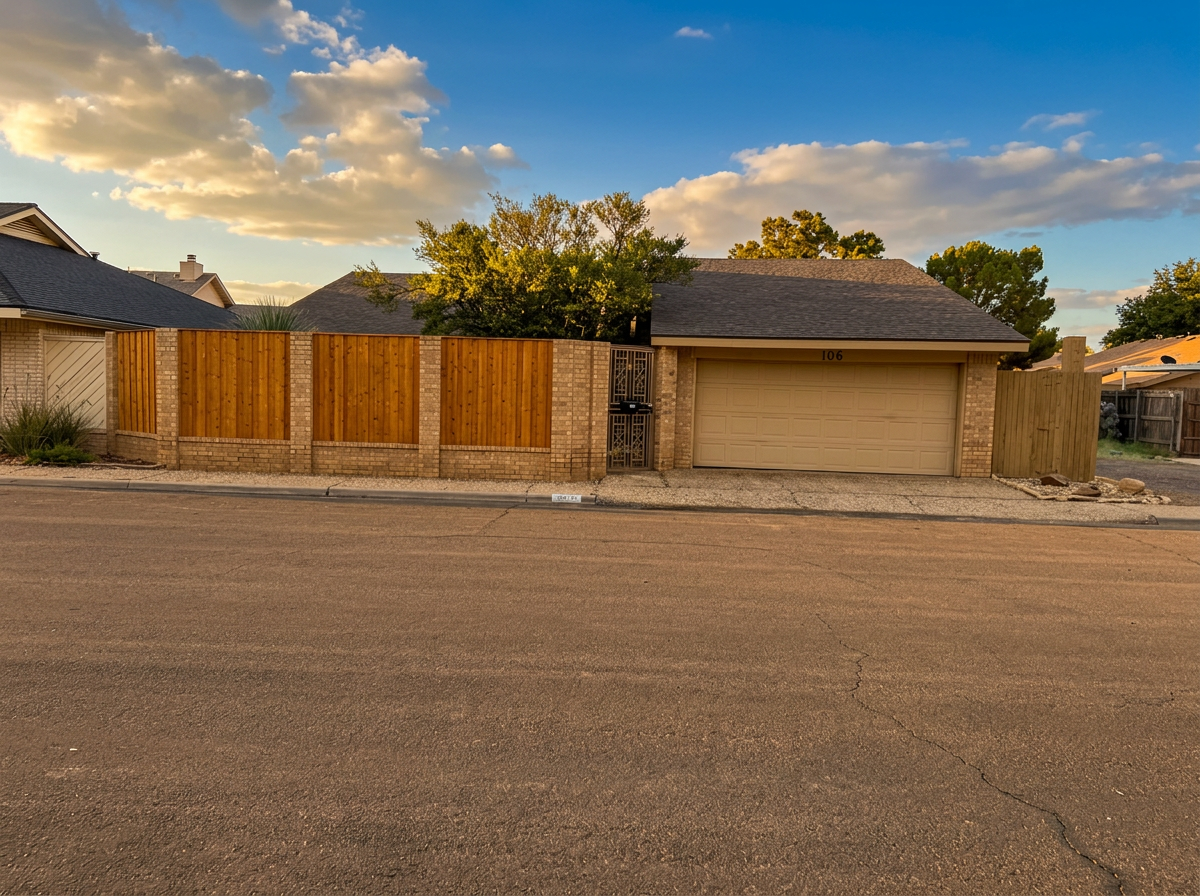 Front of the home with cedar fence and two-car garage