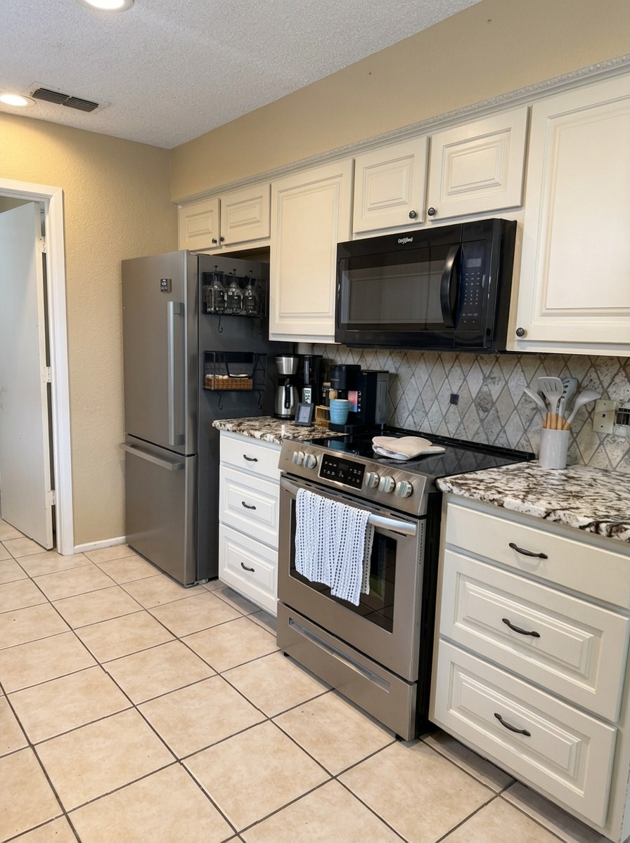 Stainless steel range, microwave and refrigerator