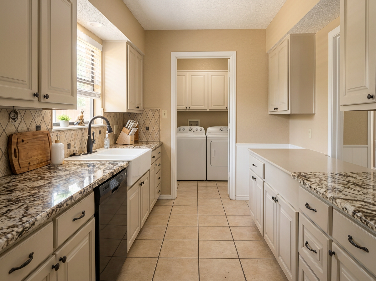 Kitchen with granite counters and farmhouse sink